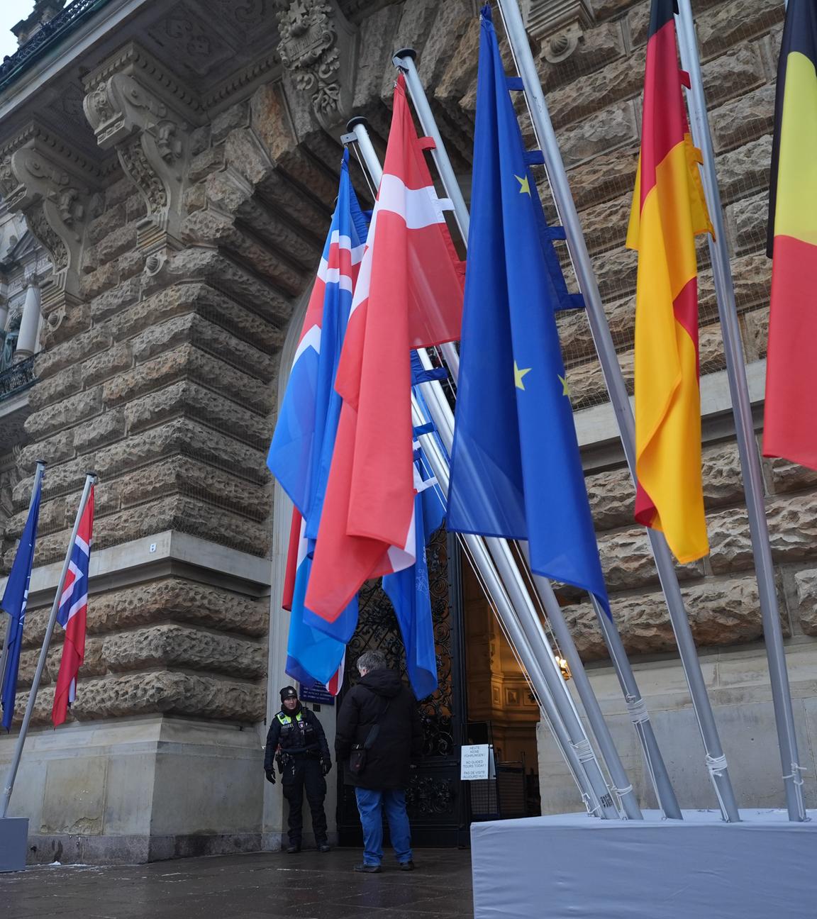 Die Flaggen der Nordsee-Anrainerstaaten vor dem Rathaus in Hamburg.