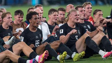 Die Spieler der norwegischen Nationalmannschaft feiern mit ihren Fans.