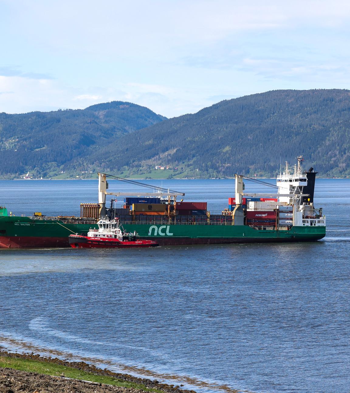 The container ship NCL Salten is back at sea after being pulled from the ground in the Trondheimsfjord, Norway, 27 May 2025.