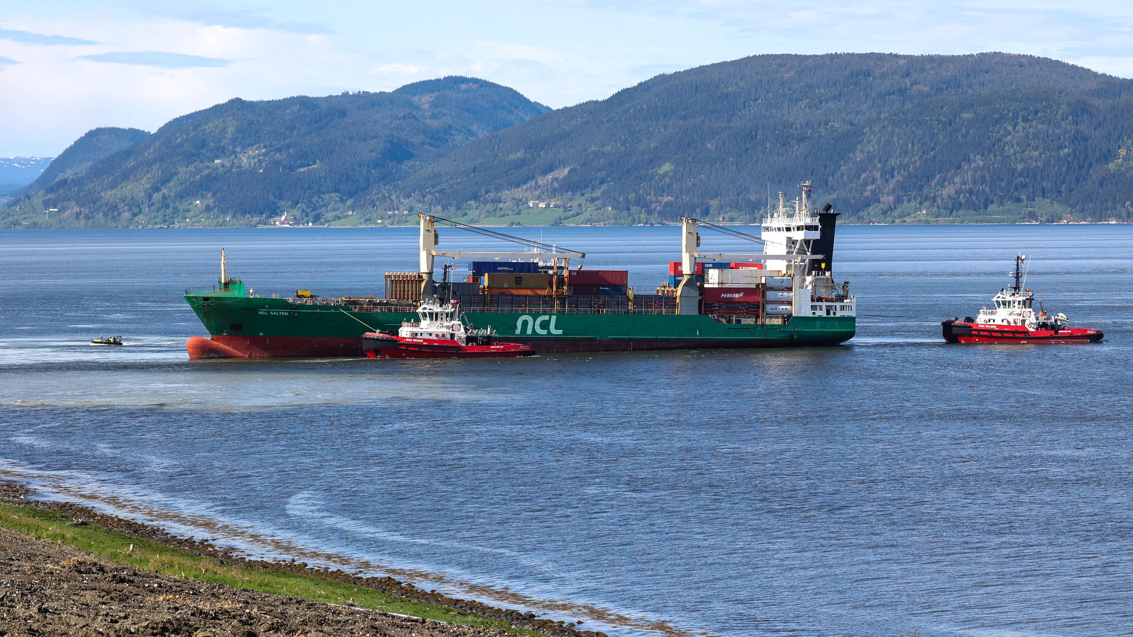 The container ship NCL Salten is back at sea after being pulled from the ground in the Trondheimsfjord, Norway, 27 May 2025.