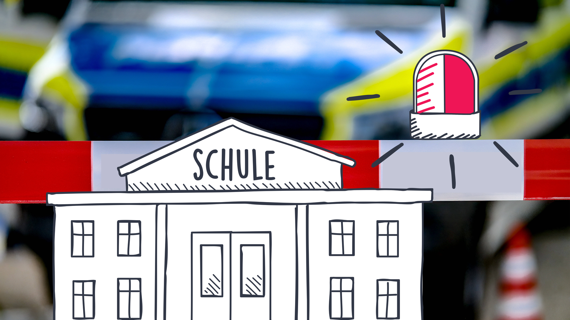 Schulgebäude, Polizeiwagen und Alarm
