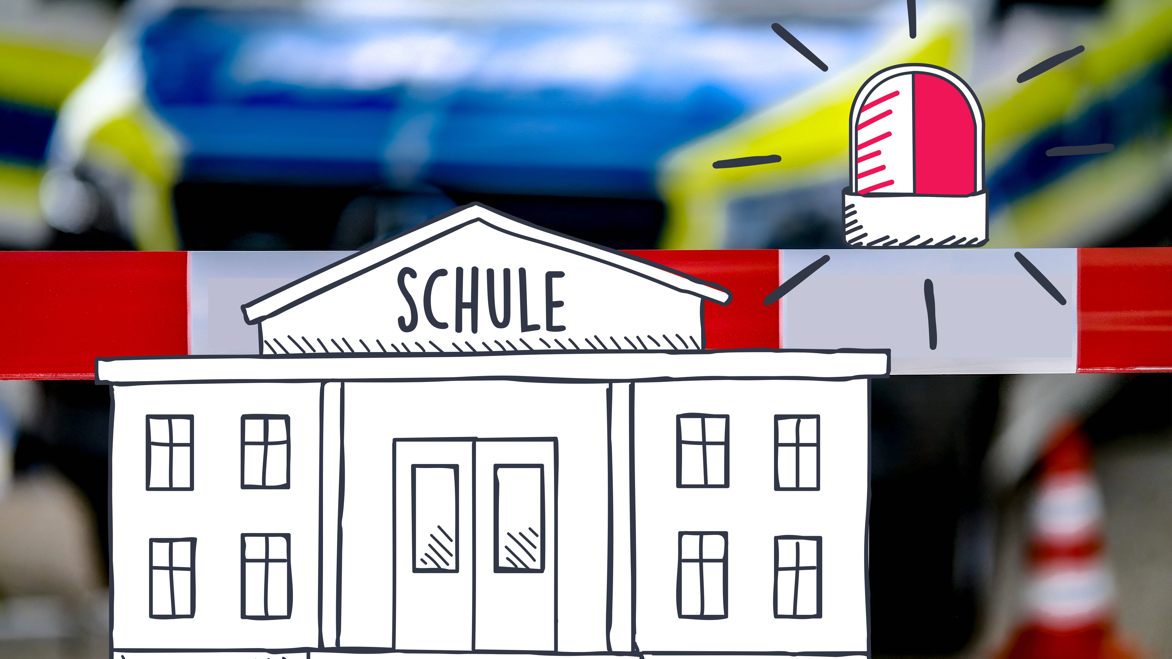 Schulgebäude, Polizeiwagen und Alarm
