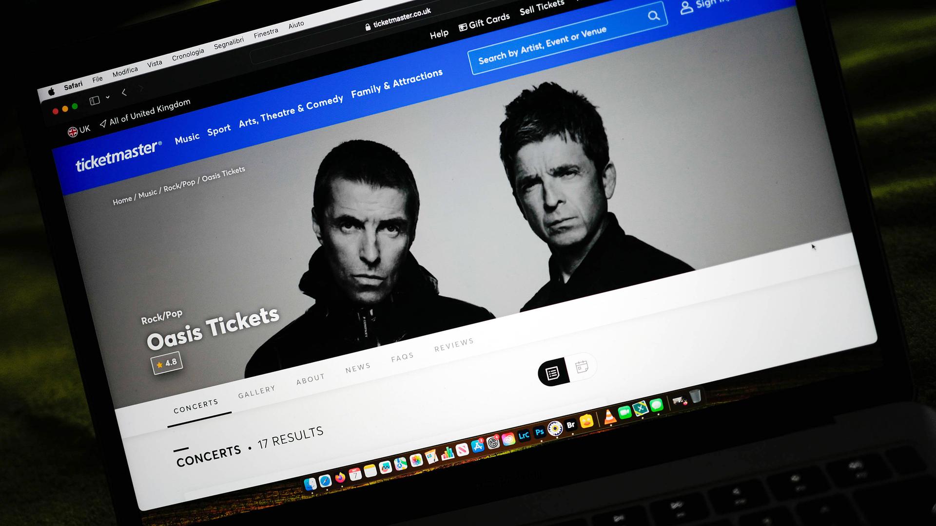 Die Seite von Ticketmaster zu den Oasis-Konzerten wird am 7. September 2024 auf dem Bildschirm eines Laptops in London, England, angezeigt
