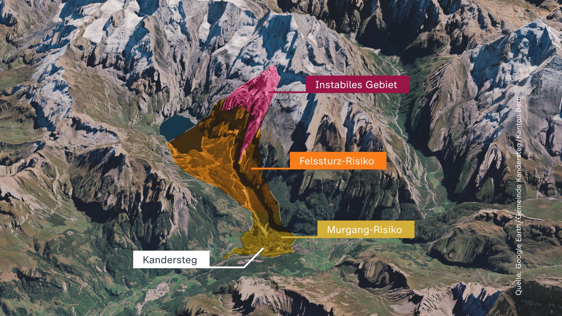 Ein Bergsturz am Spitzen Stein könnte eine Lawine aus Schlamm und Geröll auslösen, die als sogenannter "Murgang" mit hoher Geschwindigkeit ins Tal donnert.