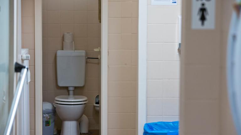 Rosa geflieste öffentliche Toilette mit geöffneter Tür zur Klokabine.