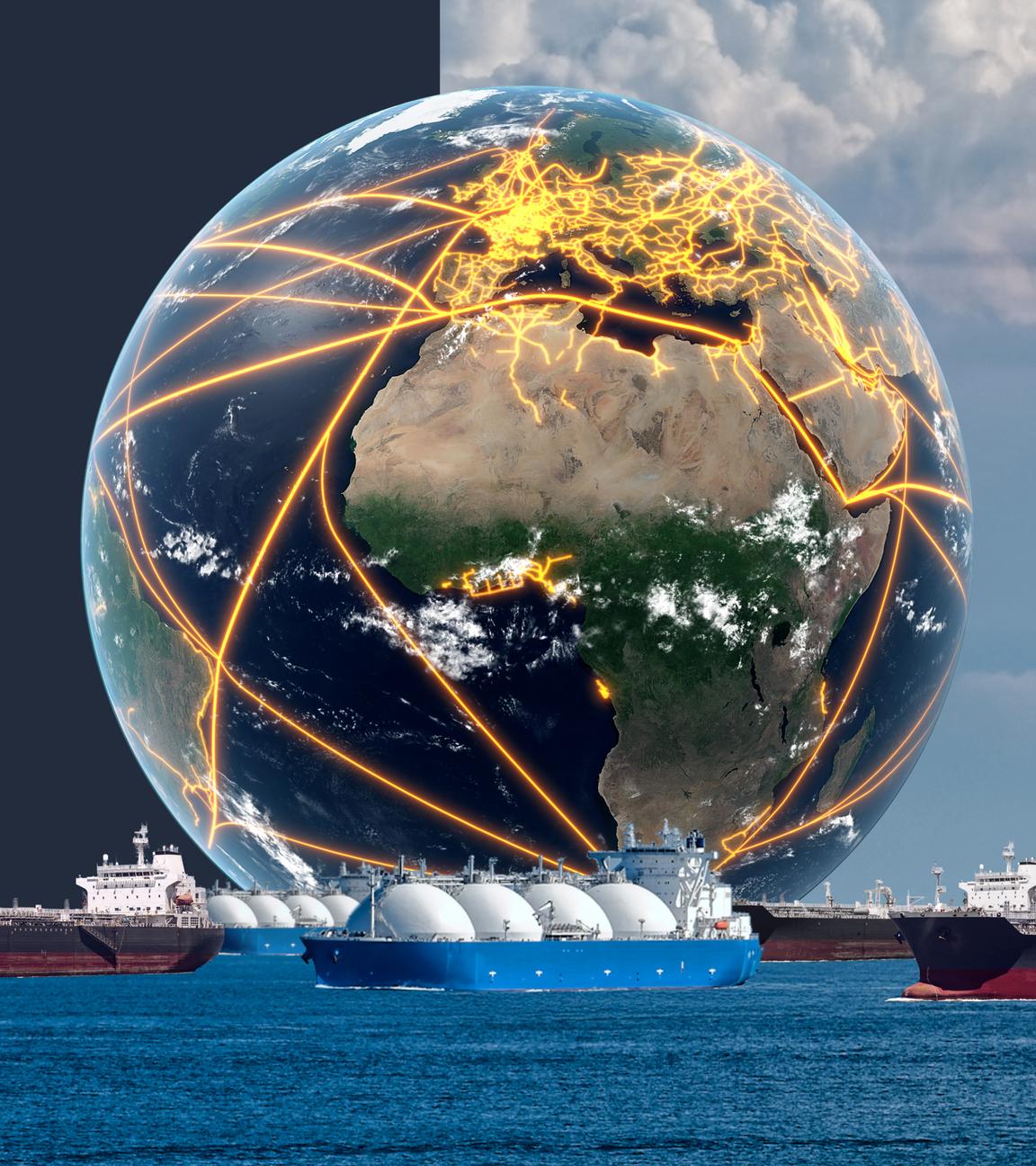 Das Bild zeigt die Weltkugel, auf der Seerouten und Pipelines zu Öl und Gas markiert sind.