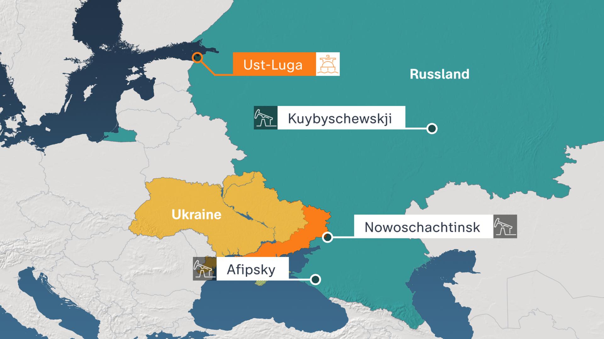 Erdölraffinerien in Russland sind auf einer Karte von Russland gekennzeichnet.