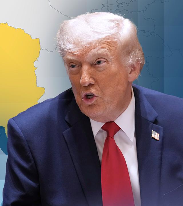 US-Präsident Trump wird vor einer Karte mit dem Iran dargestellt