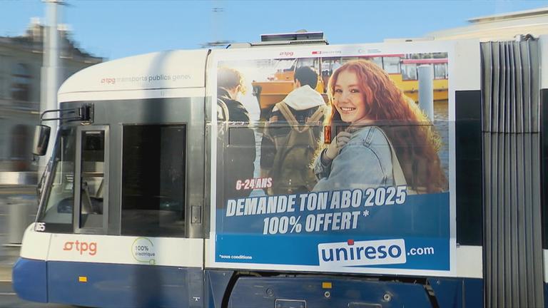 Werbetafel für gratis ÖPNV in Genf