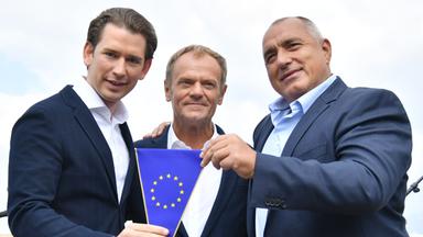 Sebastian Kurz, Donals Tusk und Bojko Borissow bei der feierlichen Übergabe des EU-Ratsvorsitzes von Bulgarien an Österreich am 30.06.2018 in Schladming.