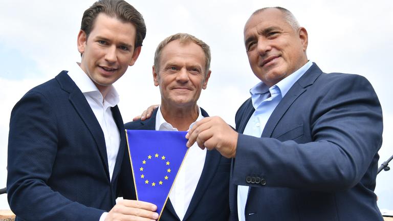 Sebastian Kurz, Donals Tusk und Bojko Borissow bei der feierlichen Übergabe des EU-Ratsvorsitzes von Bulgarien an Österreich am 30.06.2018 in Schladming.