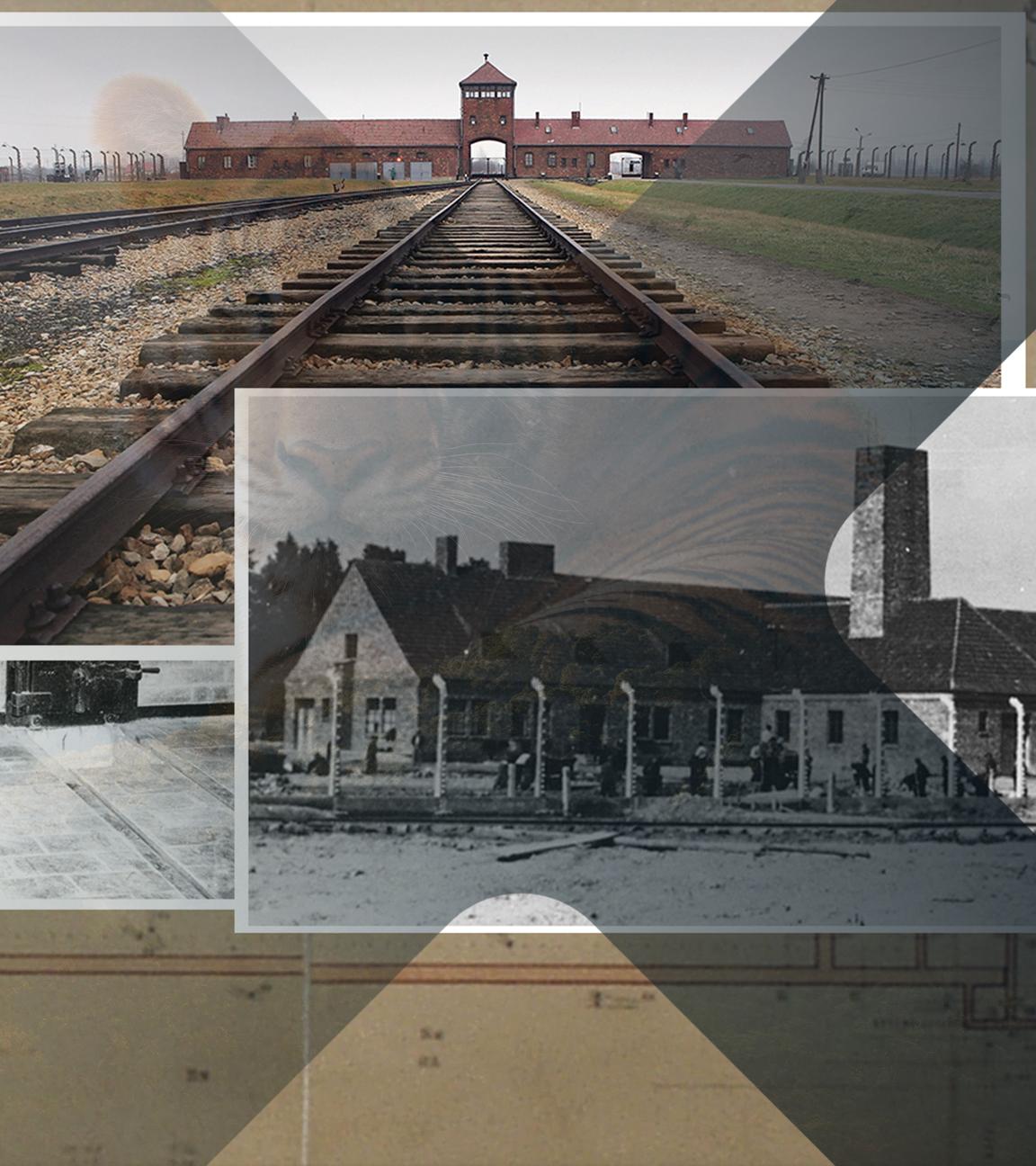 Auschwitz Öfen, Gebäude und Gleisanlage (Collage)