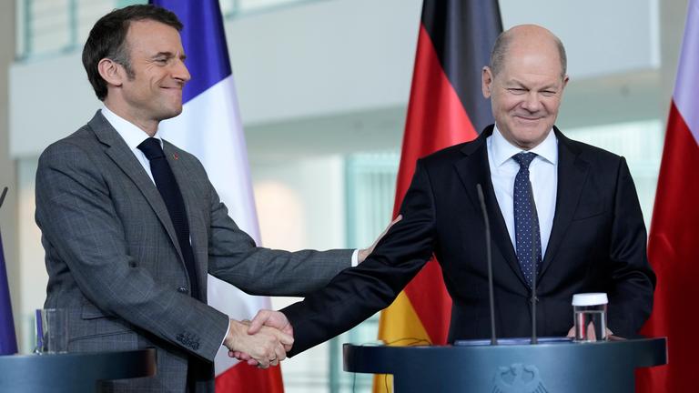 Olaf Scholz und Emmanuel Macron auf einer Pressekonferenz in Berlin, 15.03.2024.