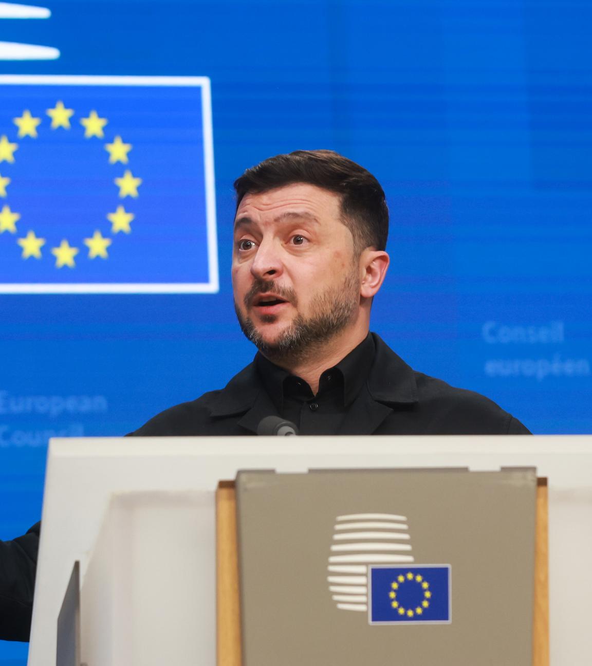 Ukrainian President Volodymyr Zelensky gives a press conference during the EU Council Summit in Brussels.