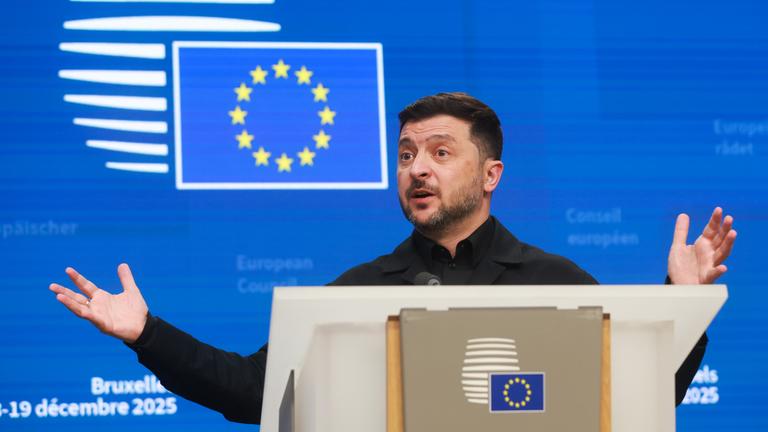Ukrainian President Volodymyr Zelensky gives a press conference during the EU Council Summit in Brussels.