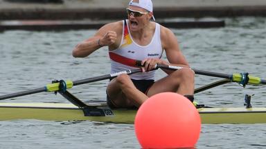 Oliver Zeidler reagiert nach seinem Sieg im Finale des Männer-Einers am 30.08.2026 in Amsterdam.