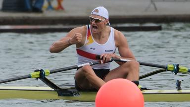 Oliver Zeidler reagiert nach seinem Sieg im Finale des Männer-Einers am 30.08.2026 in Amsterdam.