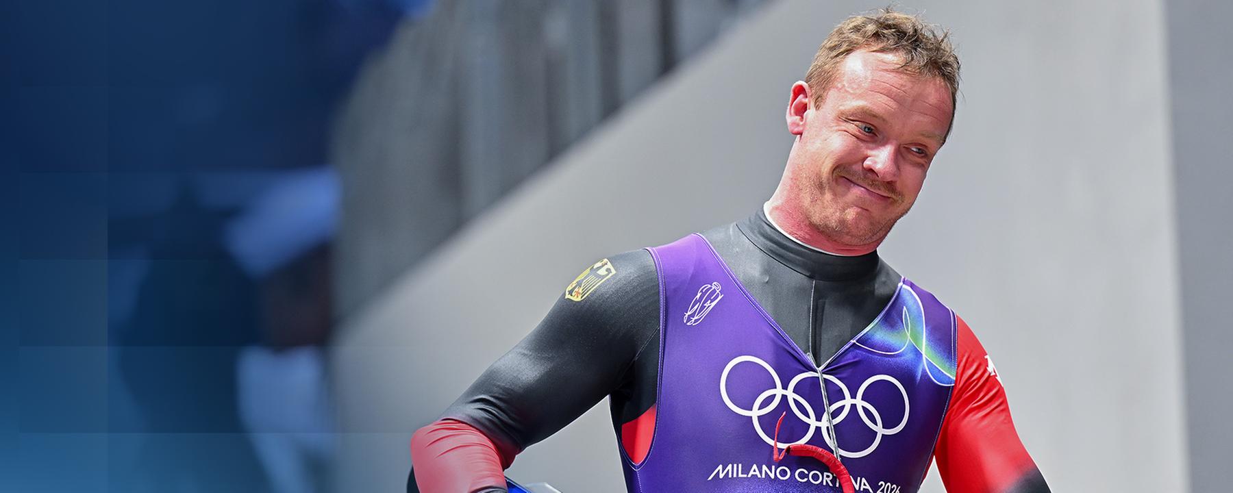 Italien, Cortina D'ampezzo: Olympia, Olympische Winterspiele Mailand Cortina 2026, Rodeln, Felix Loch (Deutschland) reagiert im Ziel.