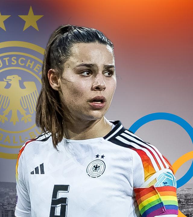 Fußballnationalspielerin Lena Oberdorf vor dem Eiffelturm und den olympischen Ringen