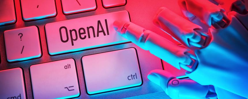 oboterhand drückt Taste mit Aufschrift OpenAI auf einer Computertastatur