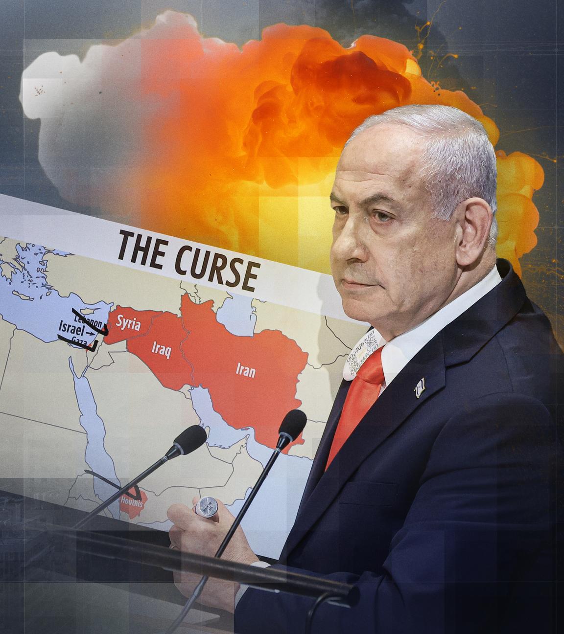 Montage: Rauchwolke über Beiruth nach einem Luftangriff Israels; B. Netanjahu am Rednerpult der UN-Generalversammlung hält Plakat mit Ländern im Nahen Osten hoch