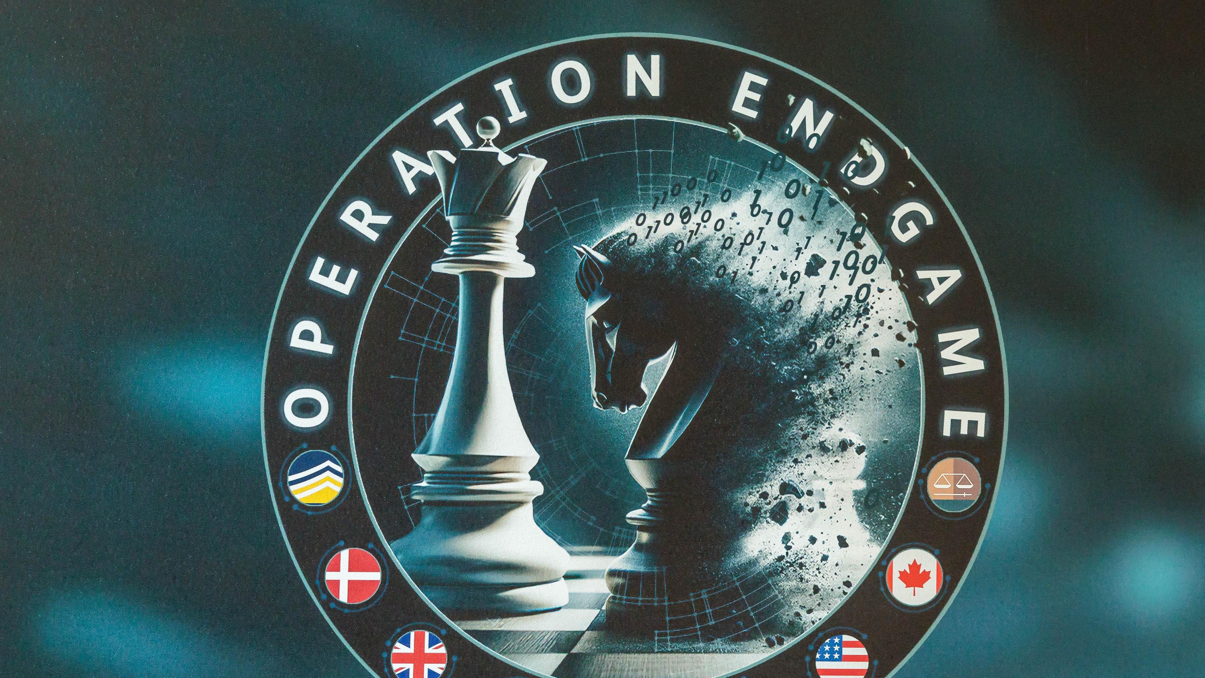 Das Logo der "Operation Endgame", aufgenommen auf einem Aufsteller bei einer Pressekonferenz zum Schlag gegen weltweite Cyberkriminalität bei der «Operation Endgame».