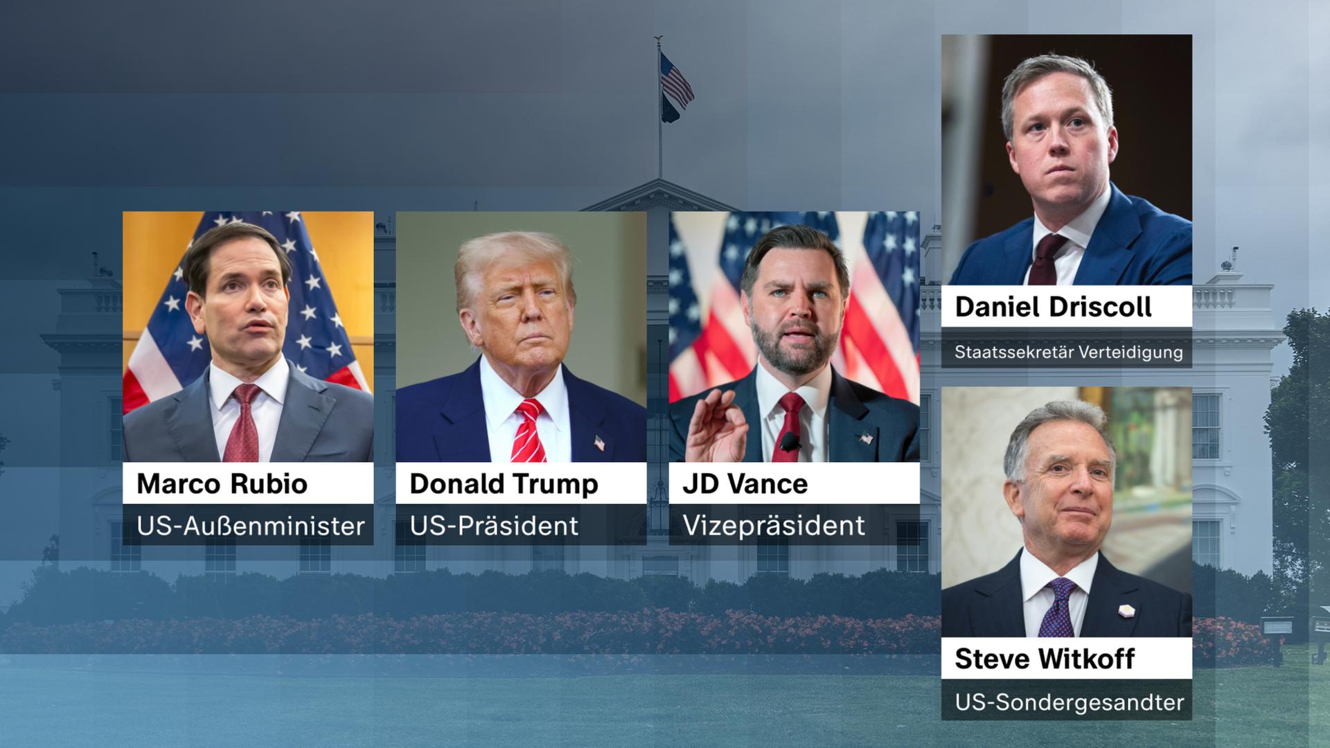 Organigramm der Mitverhandler des US-Friedenplans für die Ukraine. Zu sehen: Marco Rubio, Donald Trump, JD Vance, Steve Witkoff und Daniel Driscoll
