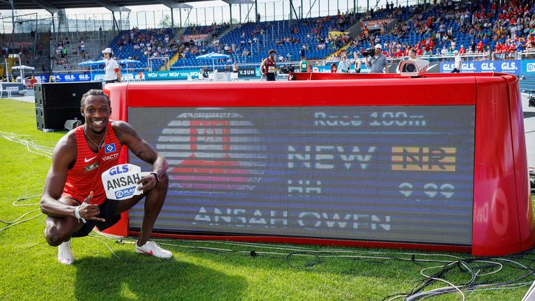 Owen Ansah läuft neuen Deutschen Rekord über 100m in 9,99s am 29.06.2024.