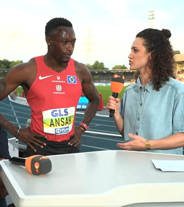 Sprinter Owen Ansah im ZDF-Interview nach seinem Titelgewinn bei den Deutschen Meisterschaften in Wattenscheid