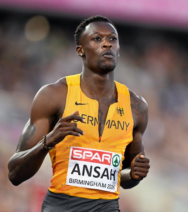 Owen Ansah (Deutschland) im 100-Meter-Halbfinale der Männer bei den Leichtathletik-Europameisterschaften 2026.