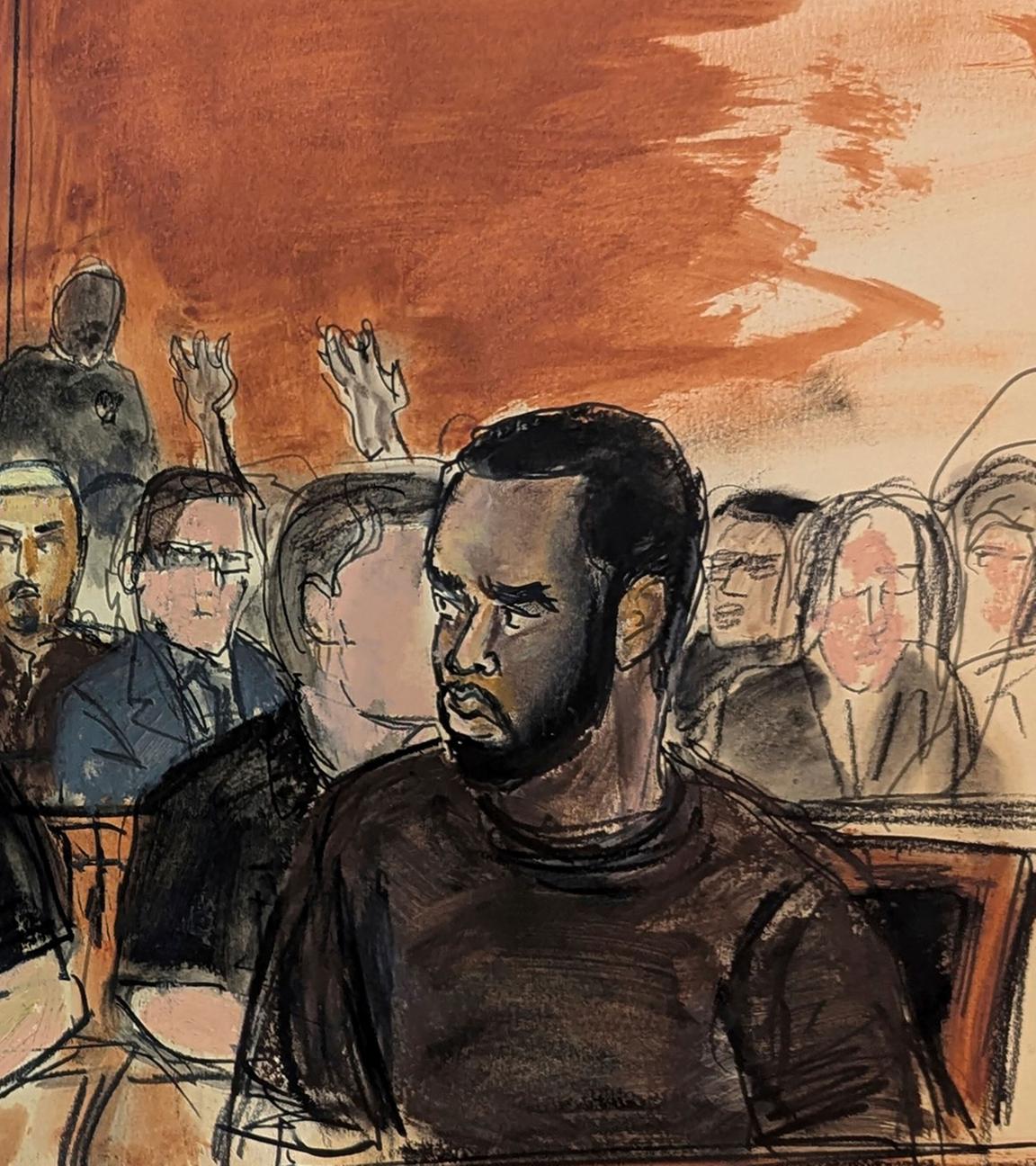 Gerichtszeichnung aus dem Gerichtssaal während der Verhandlung um Sean Combs auch bekannt als P-Diddy