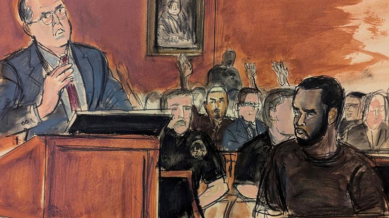 Gerichtszeichnung aus dem Gerichtssaal während der Verhandlung um Sean Combs auch bekannt als P-Diddy