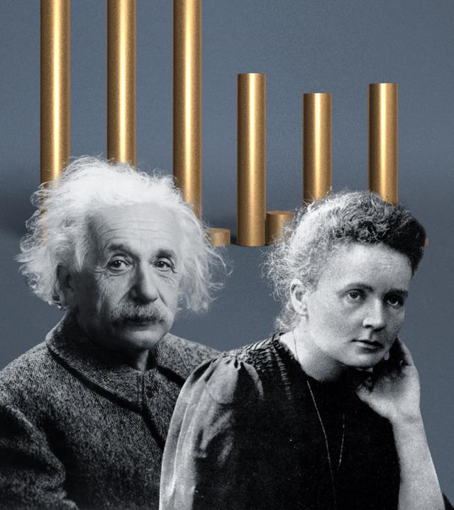 Albert Einstein und Marie Curie sind auf einer Grafik abgebildet.