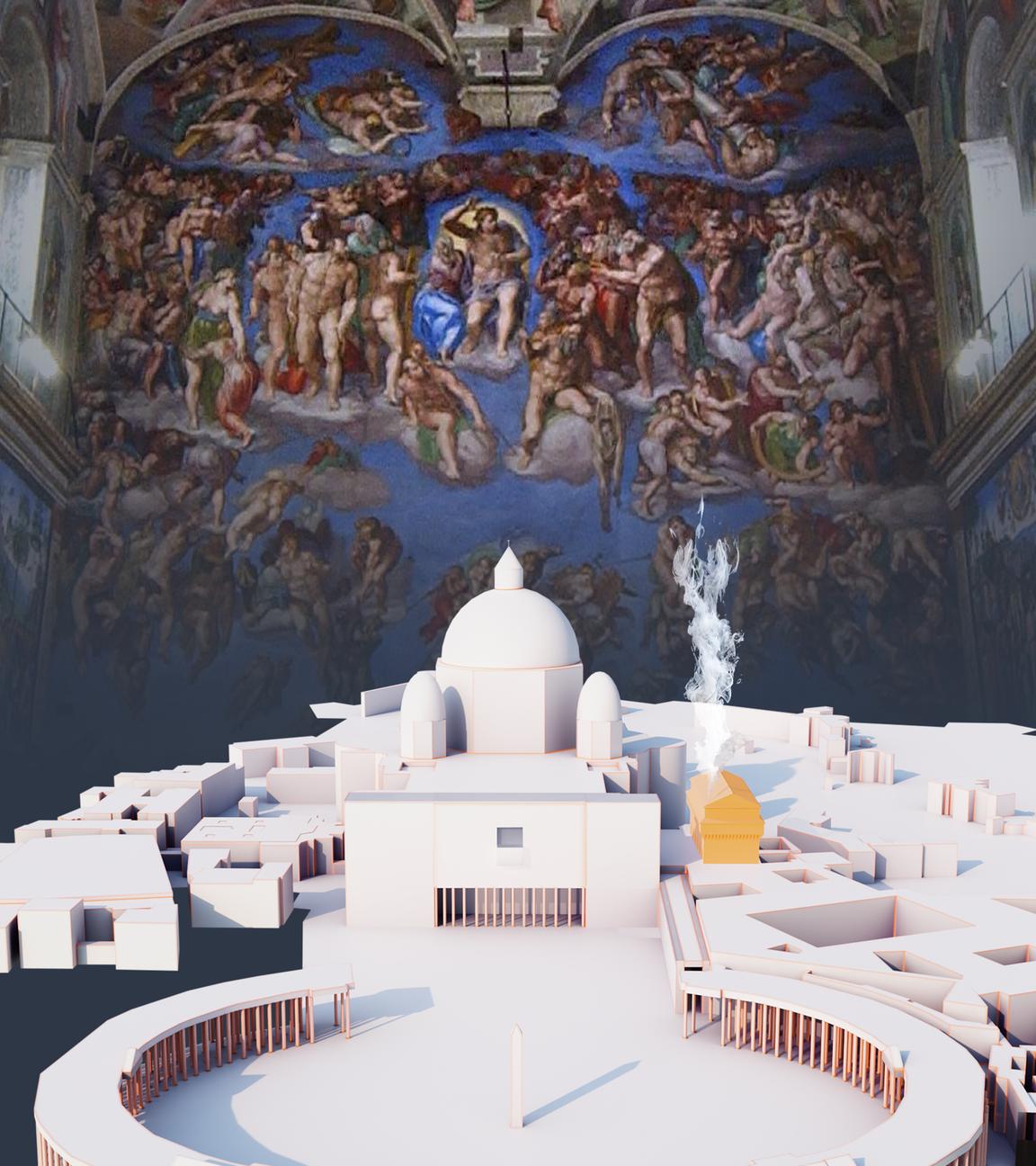 3D-Modell des Vatikans vor Wandgemälde der Sixtinischen Kapelle