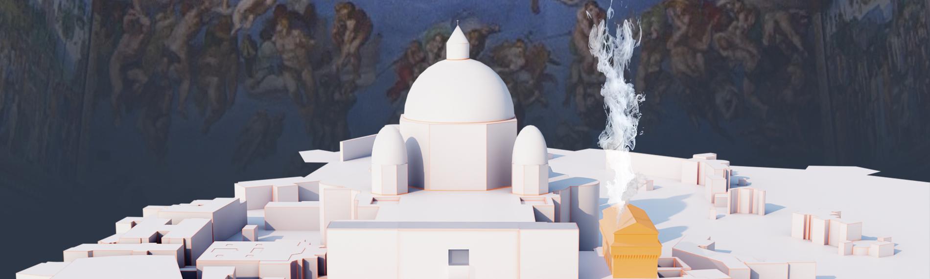 3D-Modell des Vatikans vor Wandgemälde der Sixtinischen Kapelle