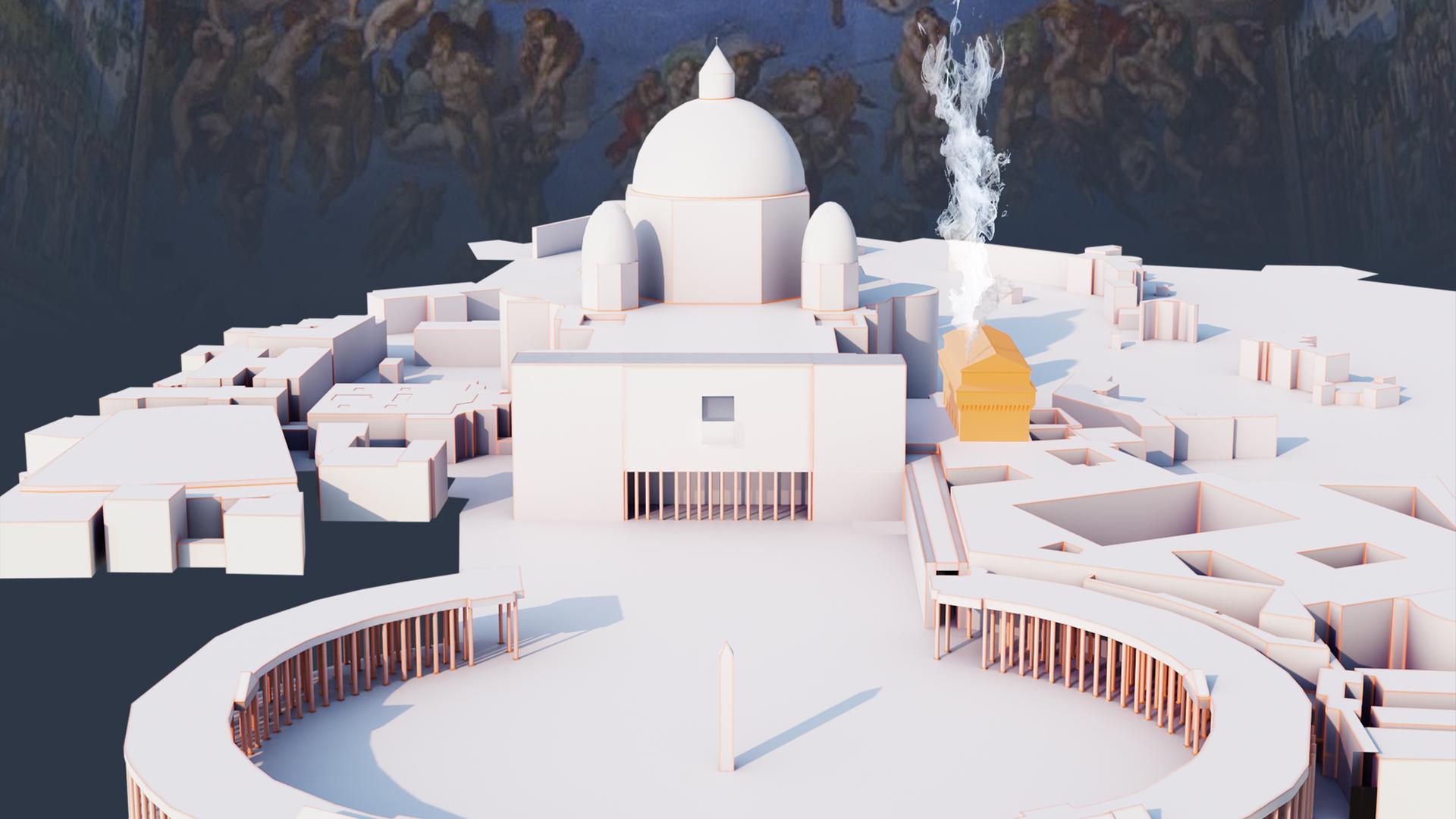 3D-Modell des Vatikans vor Wandgemälde der Sixtinischen Kapelle