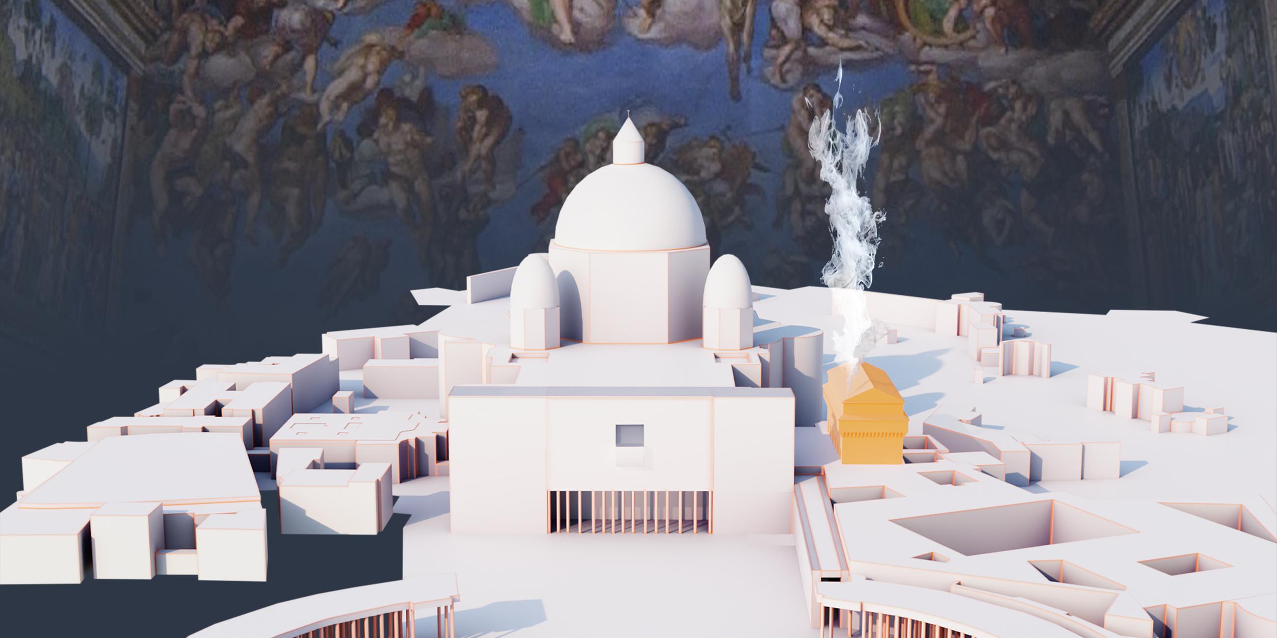 3D-Modell des Vatikans vor Wandgemälde der Sixtinischen Kapelle