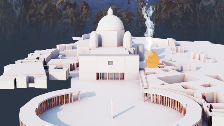 3D-Modell des Vatikans vor Wandgemälde der Sixtinischen Kapelle