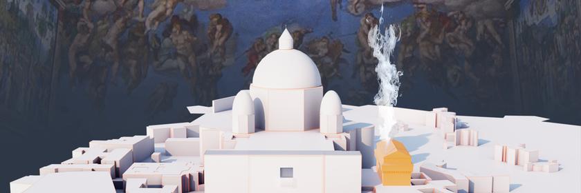 3D-Modell des Vatikans vor Wandgemälde der Sixtinischen Kapelle