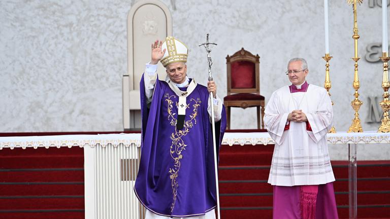 Head of Vatican State Pope Leo XIV holds an open-air mass held at Waterfront Square after he visits the site of the 2020 Beirut port explosion on the final day of his Lebanon trip