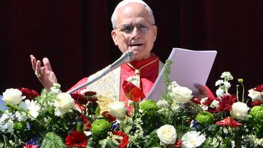 Papst Leo XIV. steht auf dem Hauptbalkon des Petersdoms, vor ihm sind Blumen am Geländer angebracht.