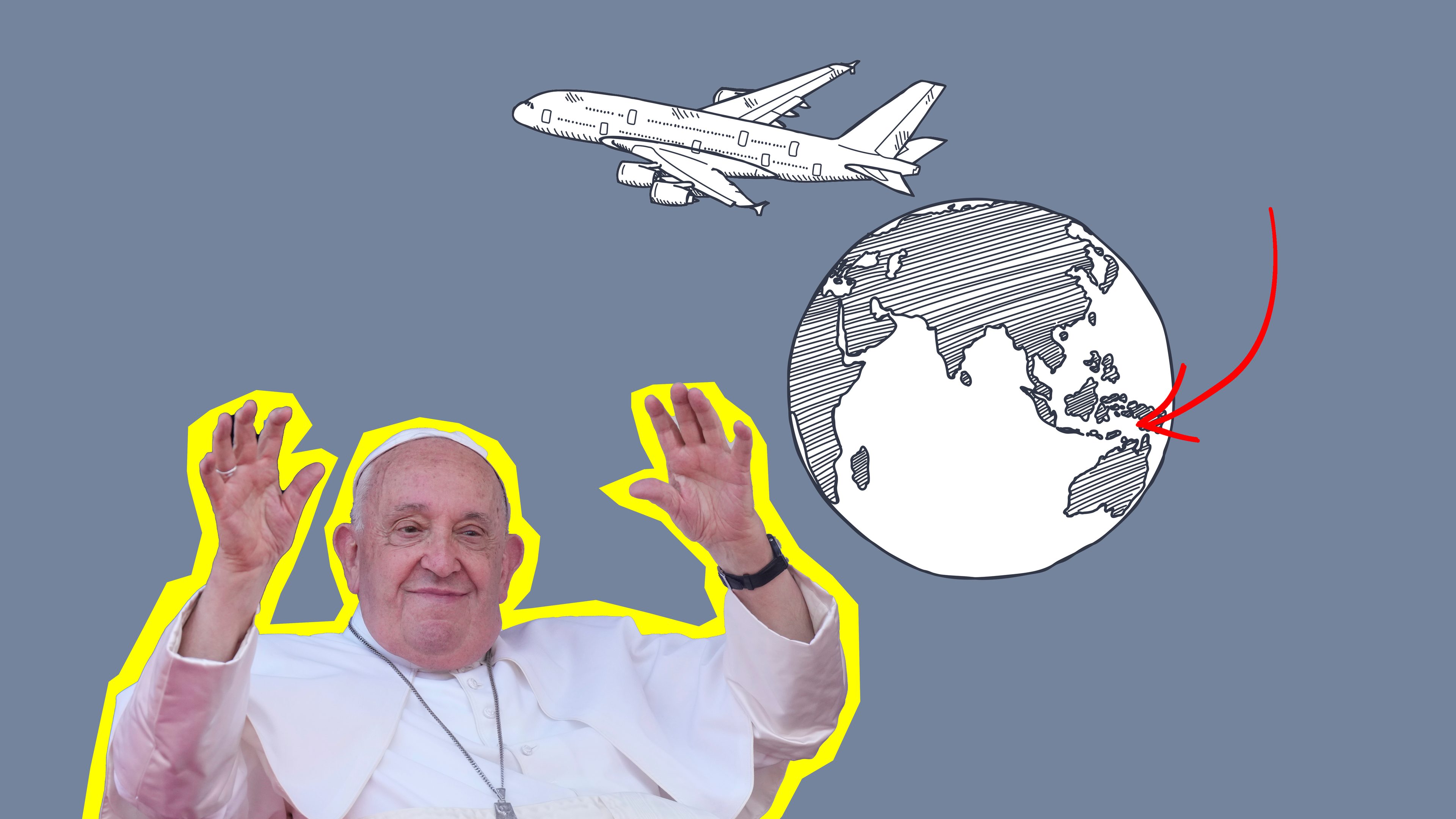 Papst vor grauem Hintergrund mit Weltkugel und Flugzeug 