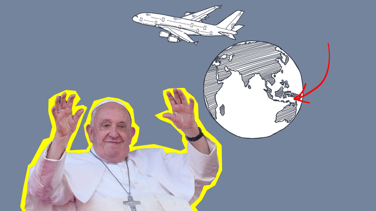 Papst vor grauem Hintergrund mit Weltkugel und Flugzeug 