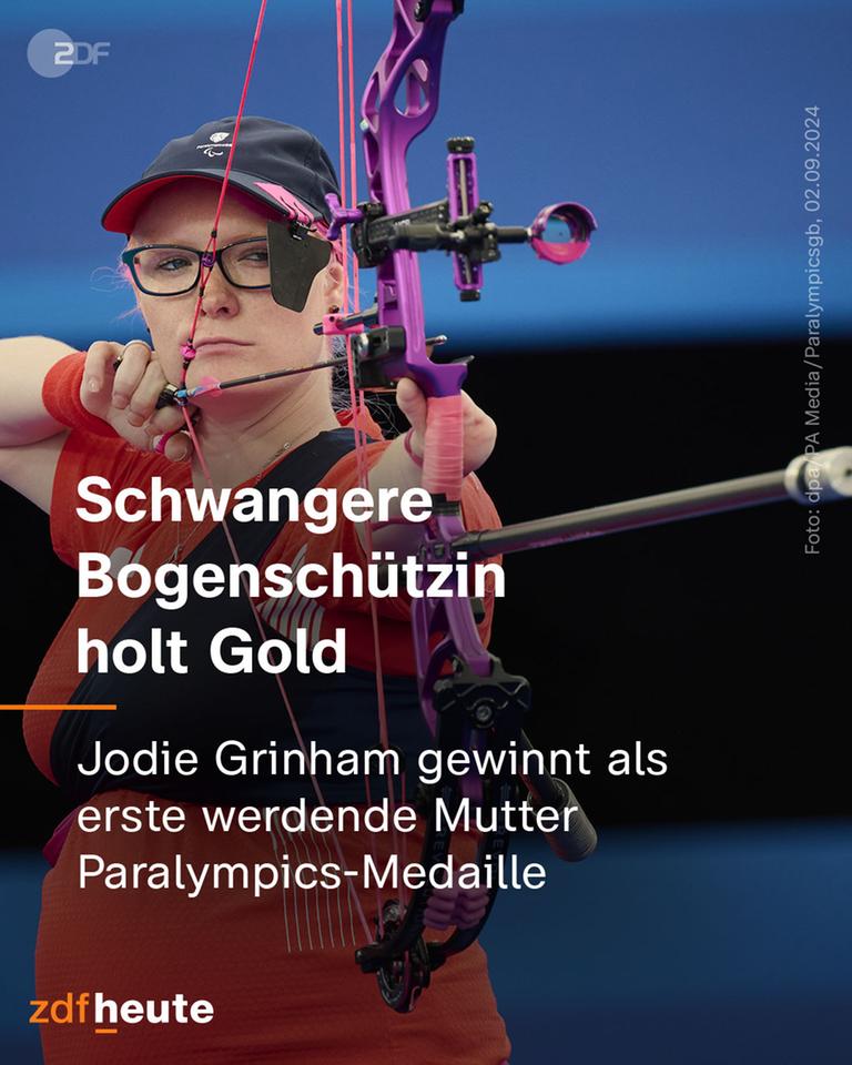 Paralympics-Sportlerin Jodie grinham zielt mit ihrem Bogen.