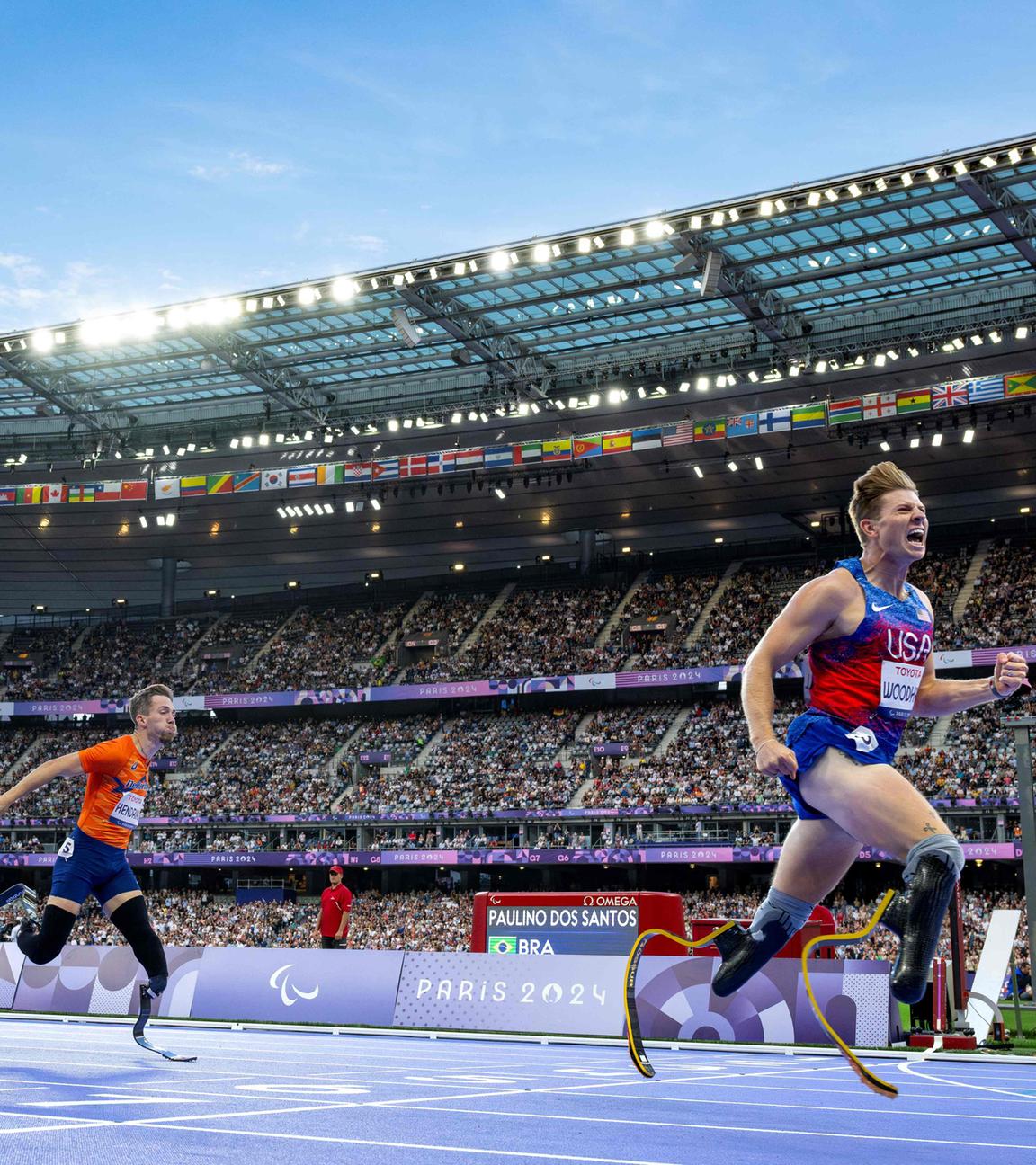 Sprinter mit Beinprothesen bei den Paralympics.