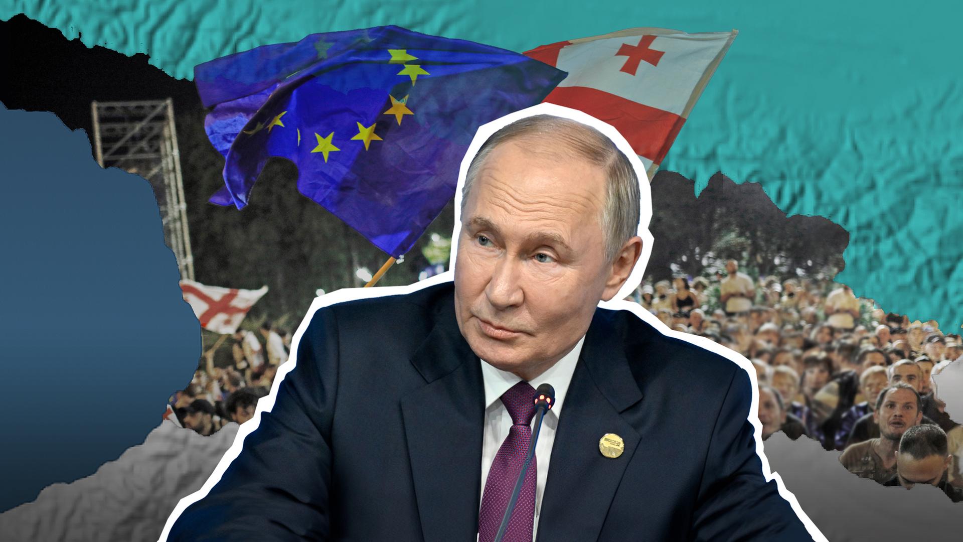 Putin vor Georgien-Landkarte, EU-Flagge und Georgien-Flagge im Hintergrund