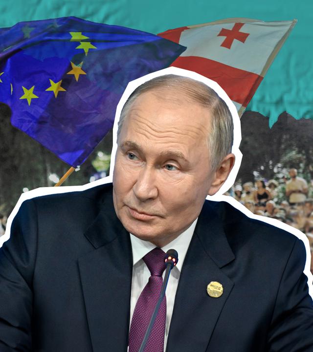 Putin vor Georgien-Landkarte, EU-Flagge und Georgien-Flagge im Hintergrund