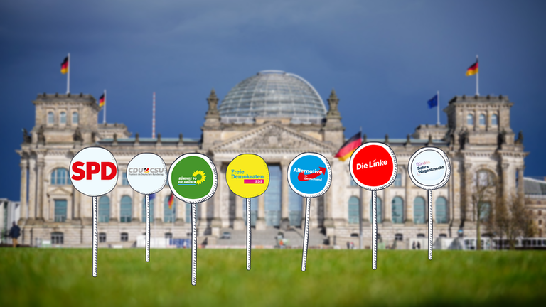 Reichstagsgebäude mit einzelnen Parteien auf Schildern 