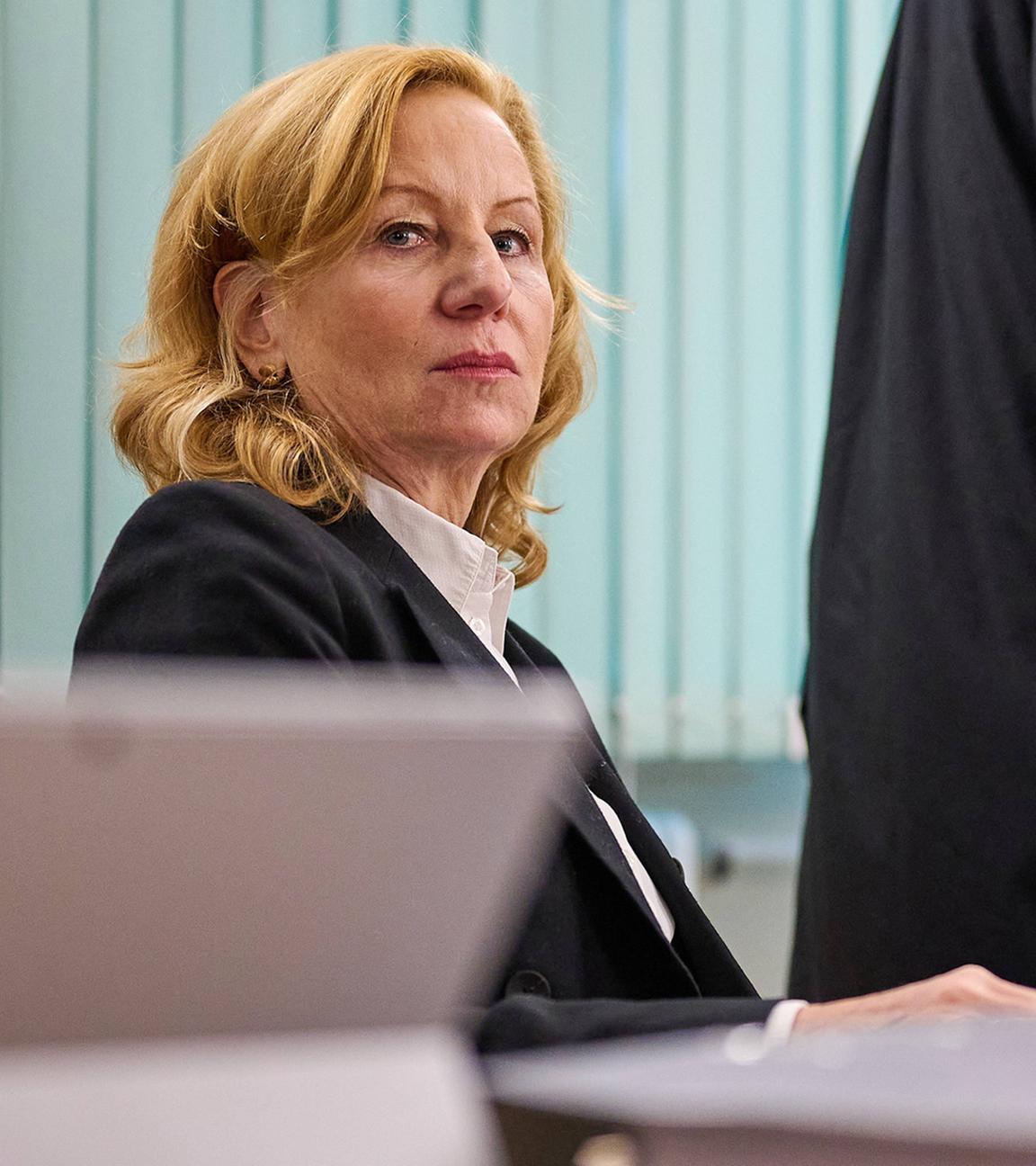 Die frühere RBB-Intendantin Patricia Schlesinger am 15.01.2025 im Verhandllungssaal über eine Zivilklage gegen den Sender im Landgericht Berlin.