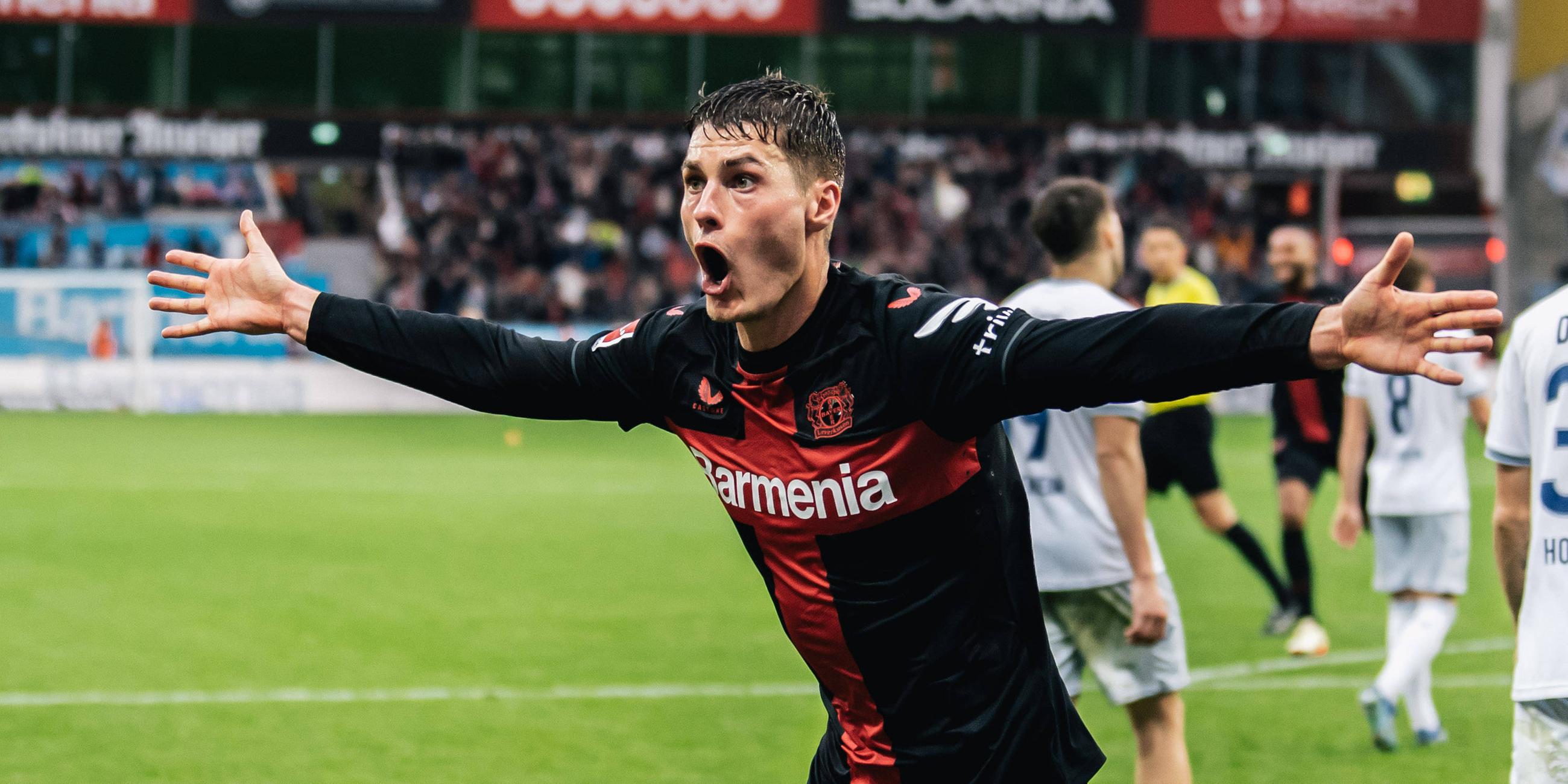 Bayer 04 Leverkusen - TSG Hoffenheim am 31.3.2024: Patrik Schick bejubelt sein Siegtor zum 2:1.